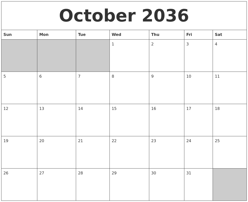 October 2036 Blank Printable Calendar