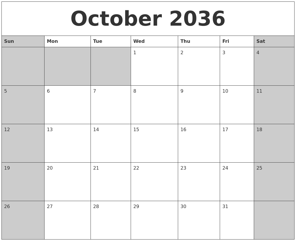 October 2036 Calanders