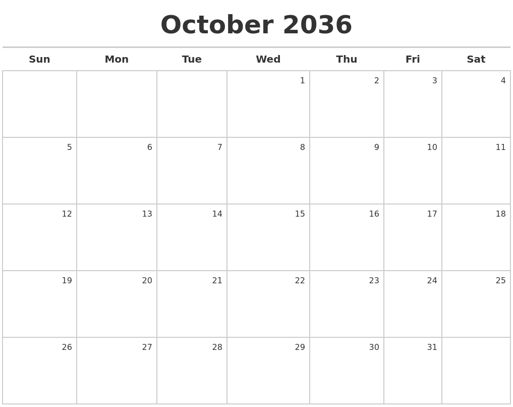 October 2036 Calendar Maker