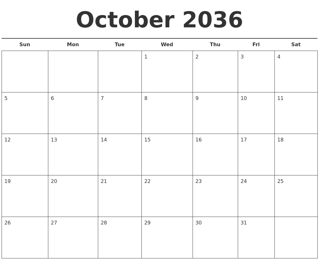 October 2036 Free Calendar Template