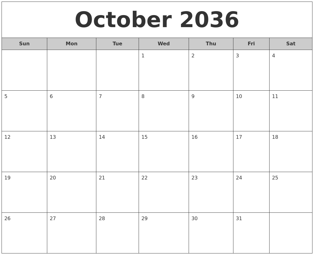 October 2036 Free Monthly Calendar