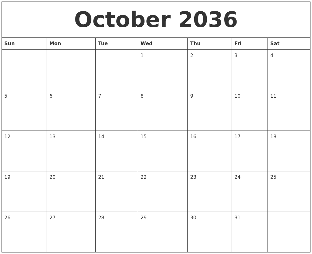 October 2036 Free Printable Monthly Calendar