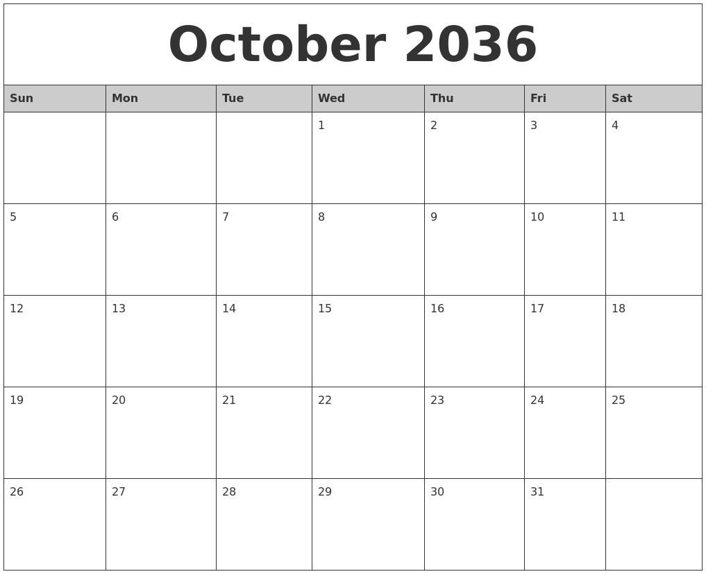 October 2036 Monthly Calendar Printable