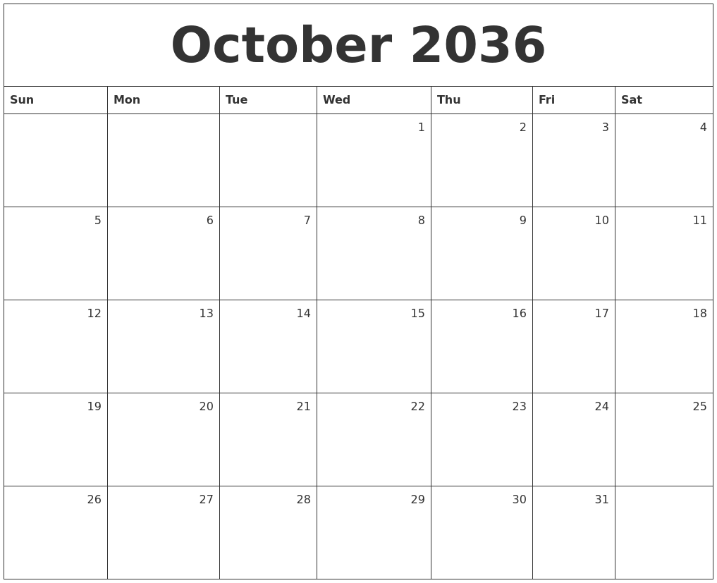 October 2036 Monthly Calendar