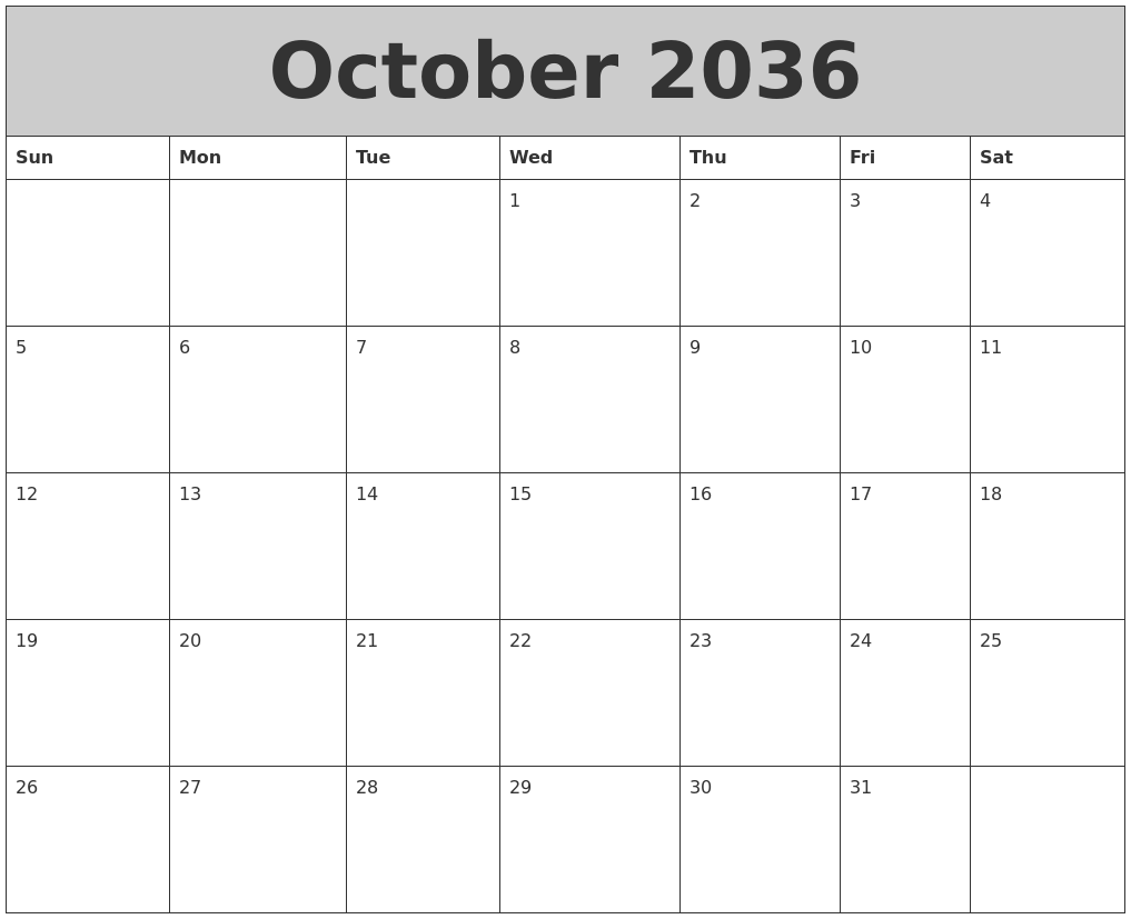 October 2036 My Calendar