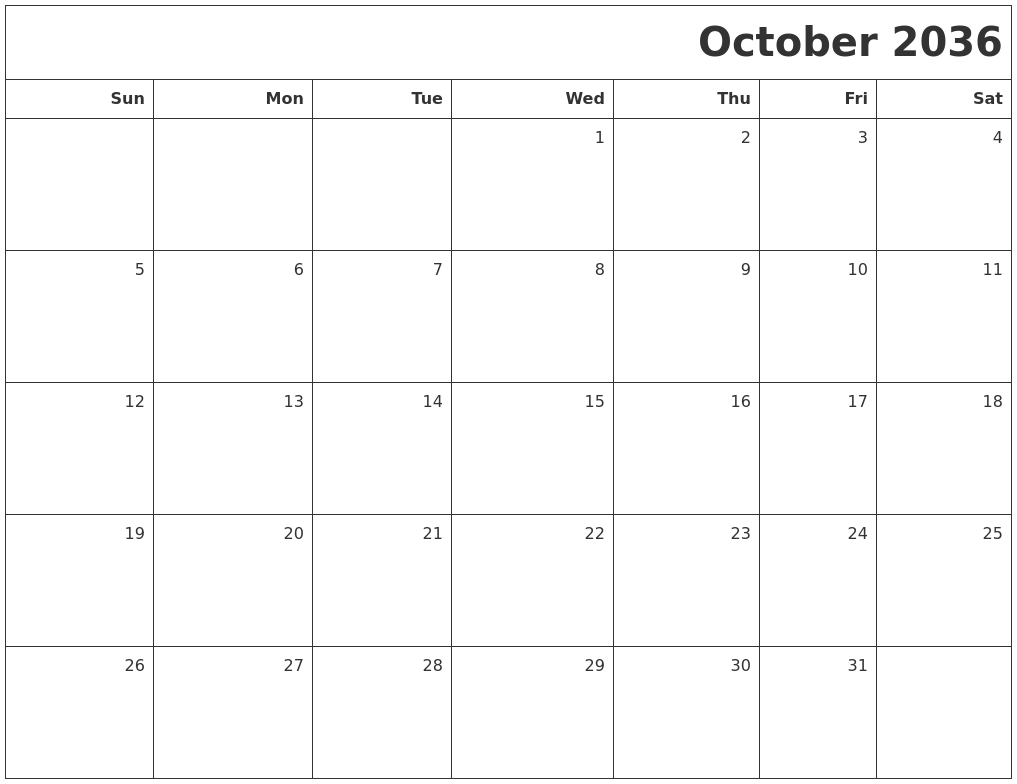 October 2036 Printable Blank Calendar