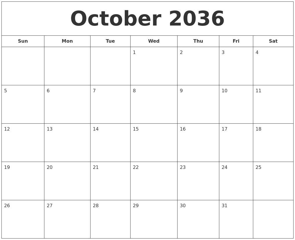 October 2036 Printable Calendar