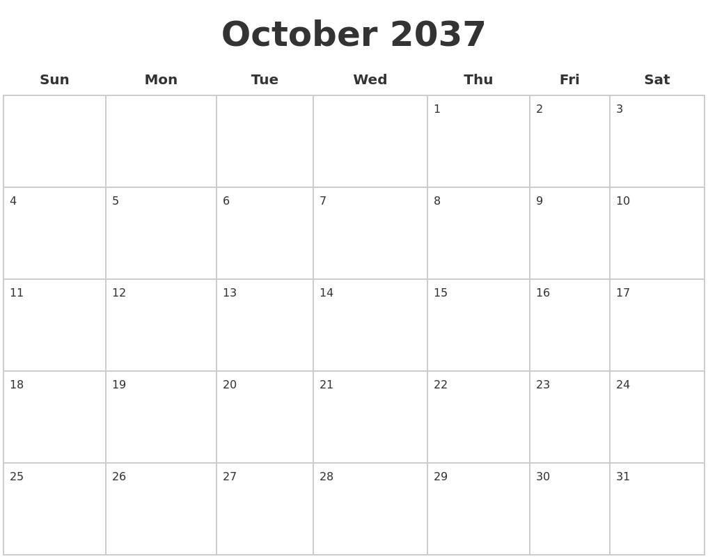 October 2037 Blank Calendar Pages