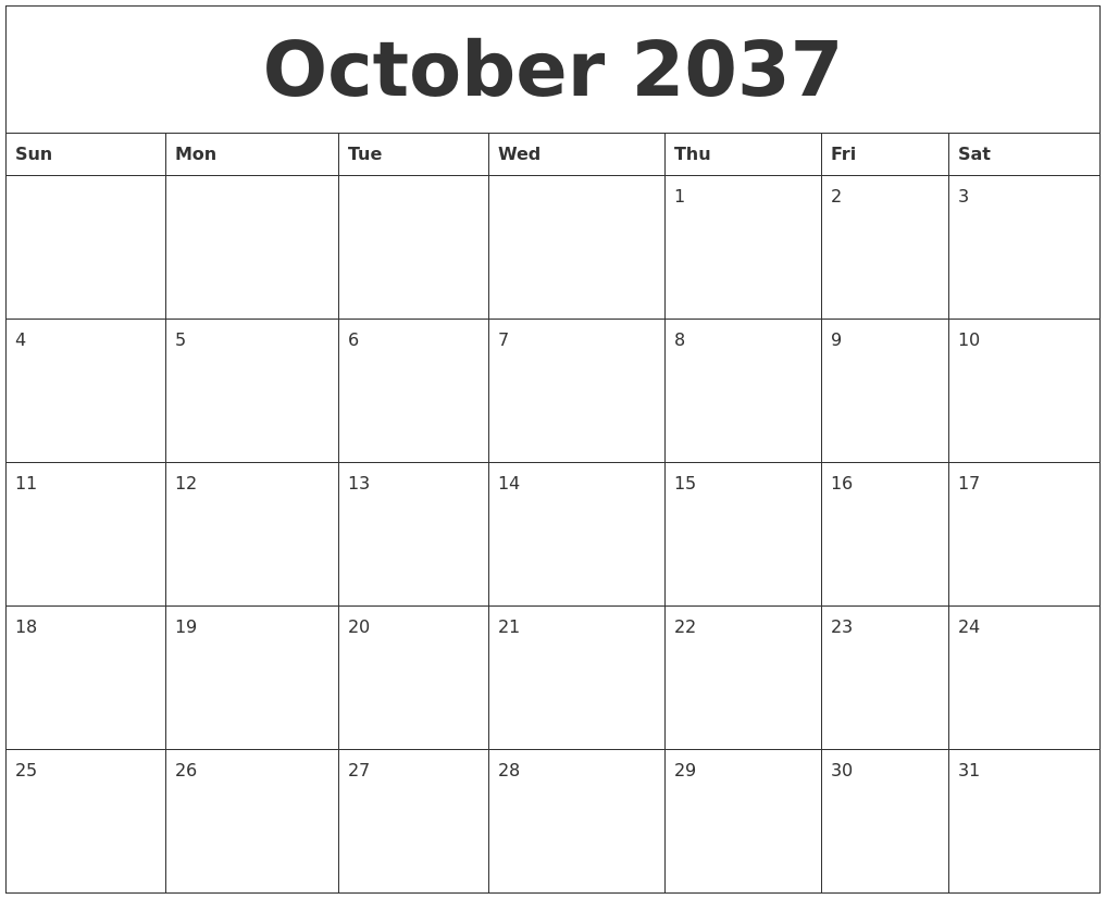 October 2037 Blank Calendar Printable