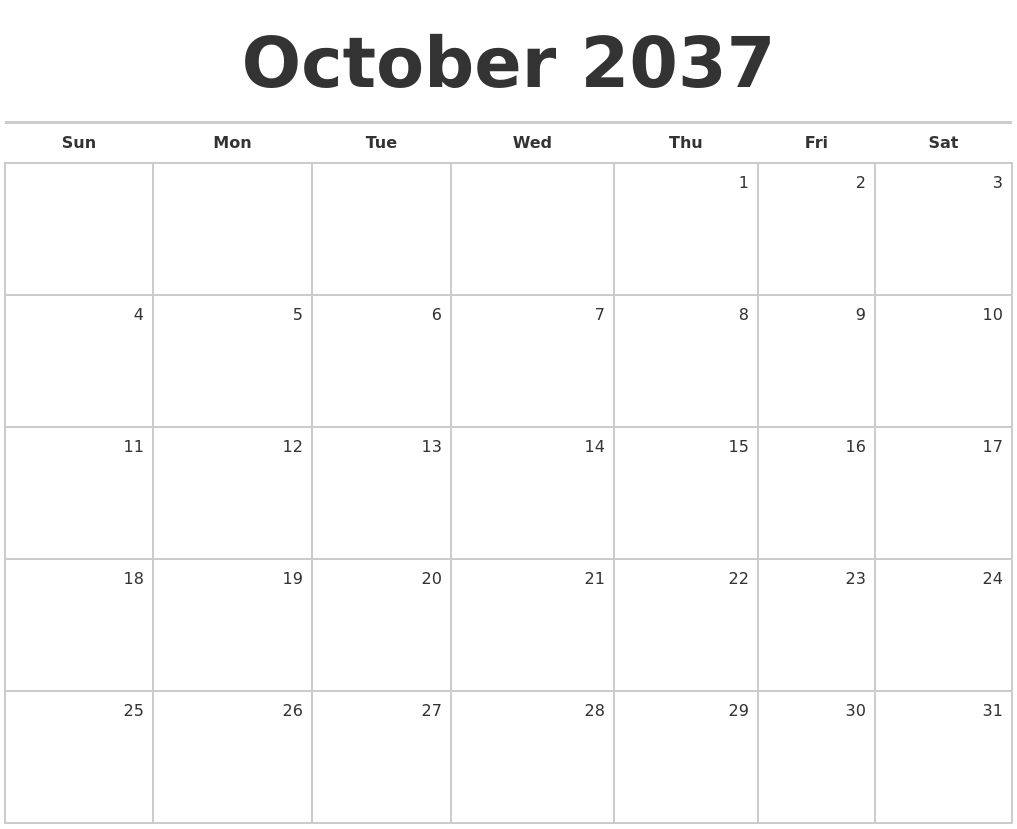 October 2037 Blank Monthly Calendar