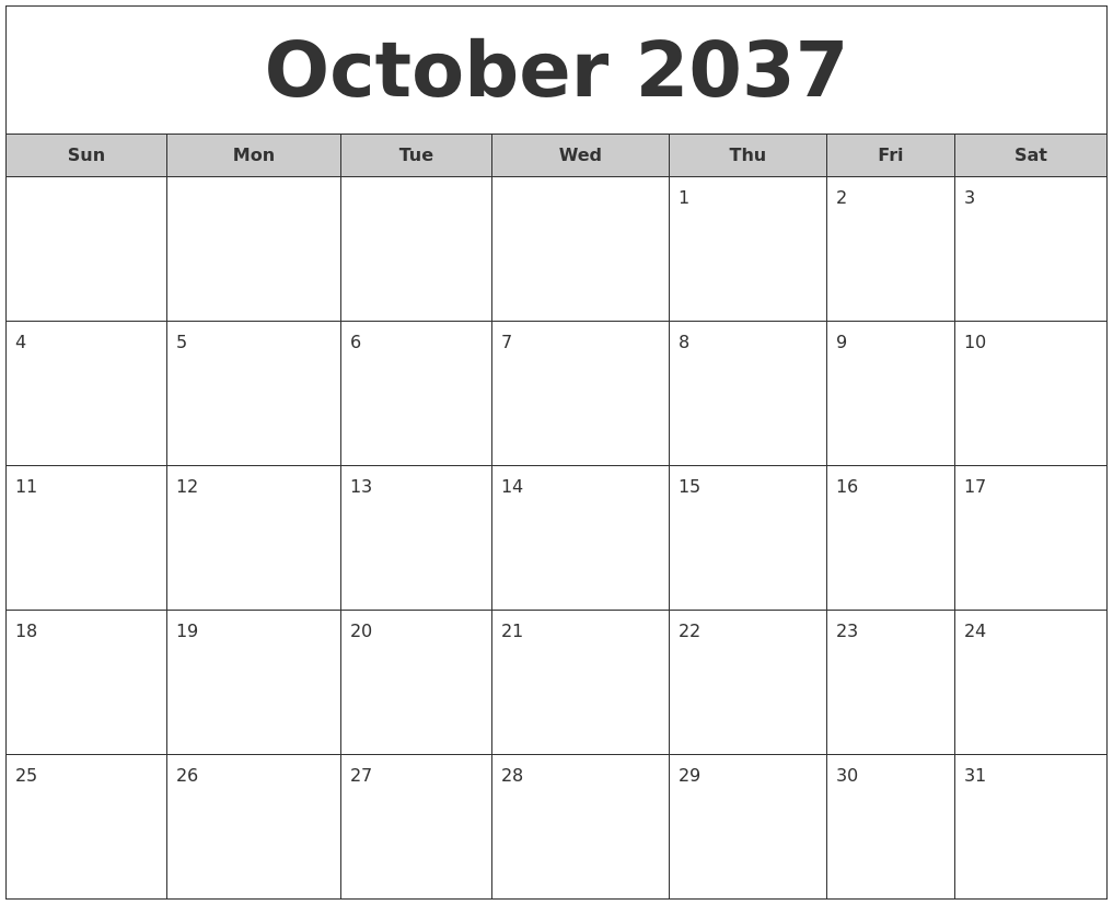 October 2037 Free Monthly Calendar