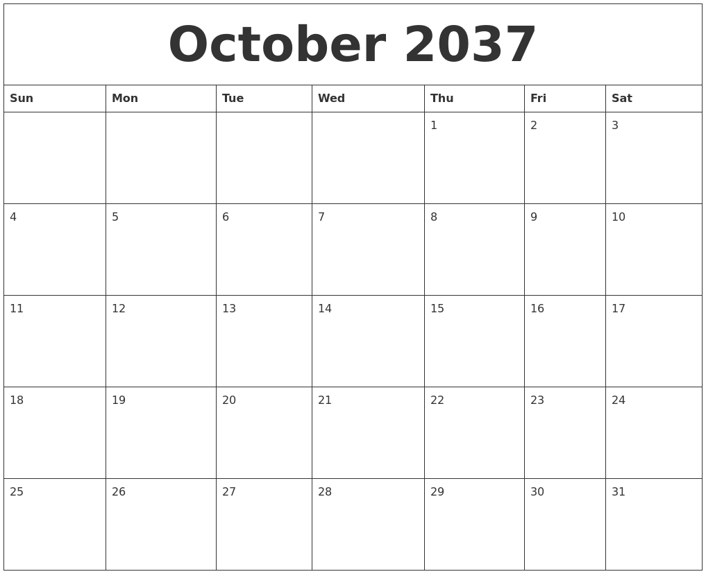 October 2037 Free Printable Monthly Calendar