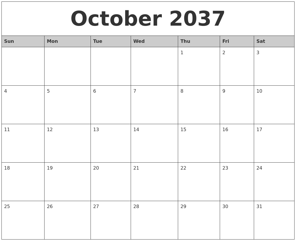 October 2037 Monthly Calendar Printable