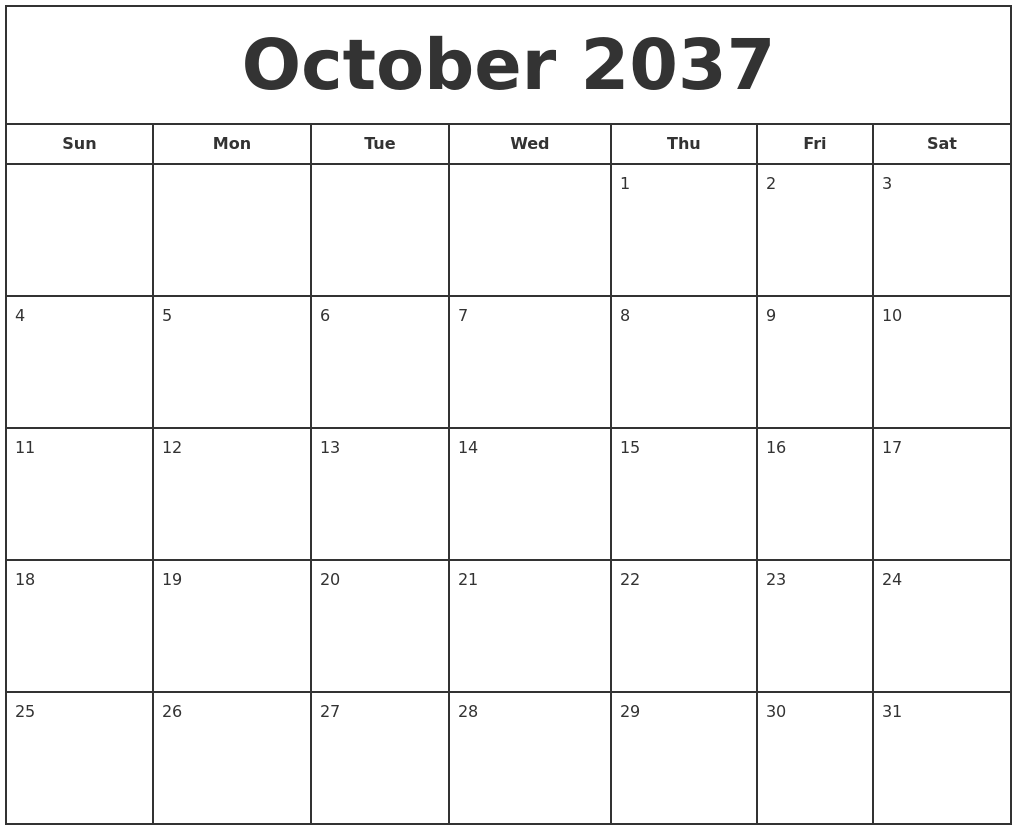 October 2037 Print Free Calendar