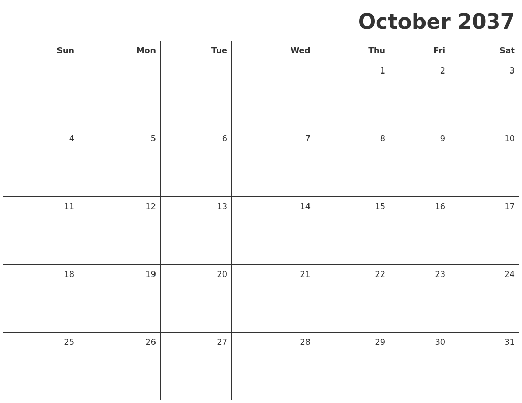 October 2037 Printable Blank Calendar