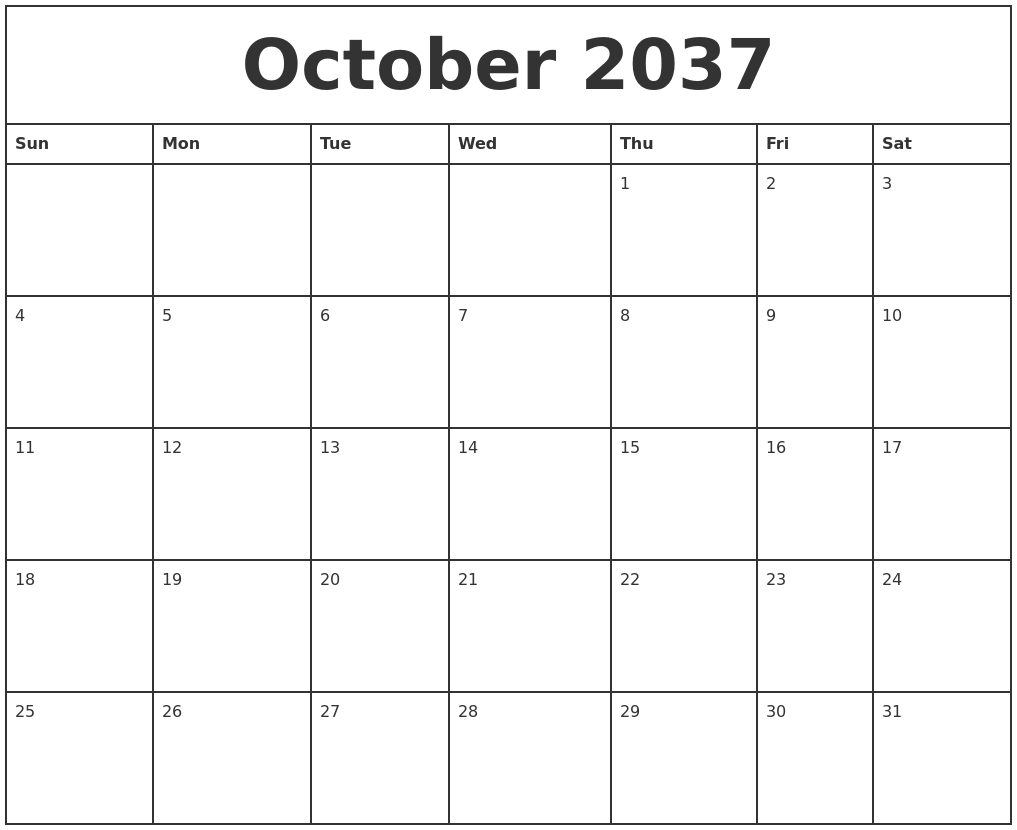 October 2037 Printable Monthly Calendar