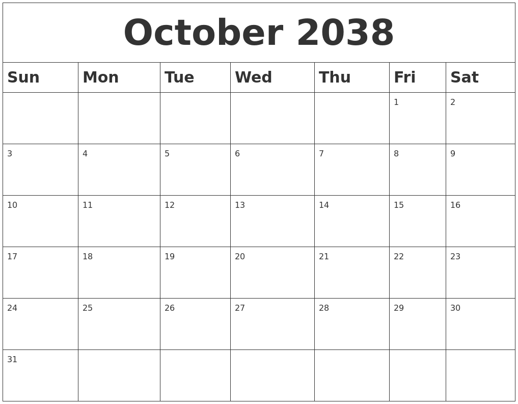 October 2038 Blank Calendar