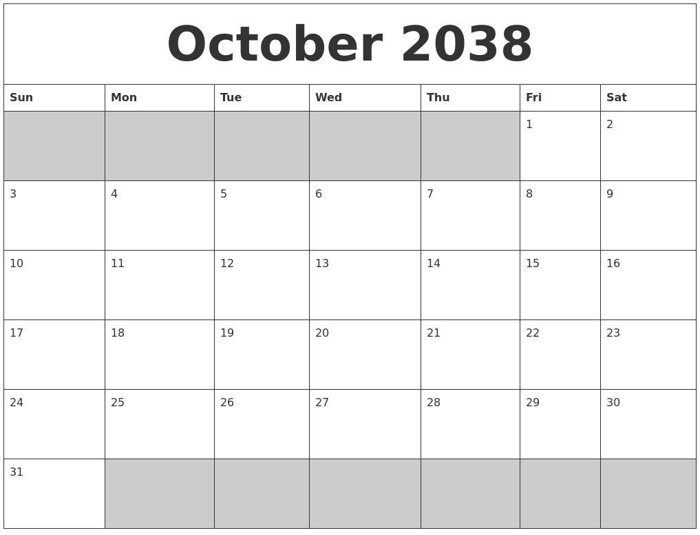 October 2038 Blank Printable Calendar