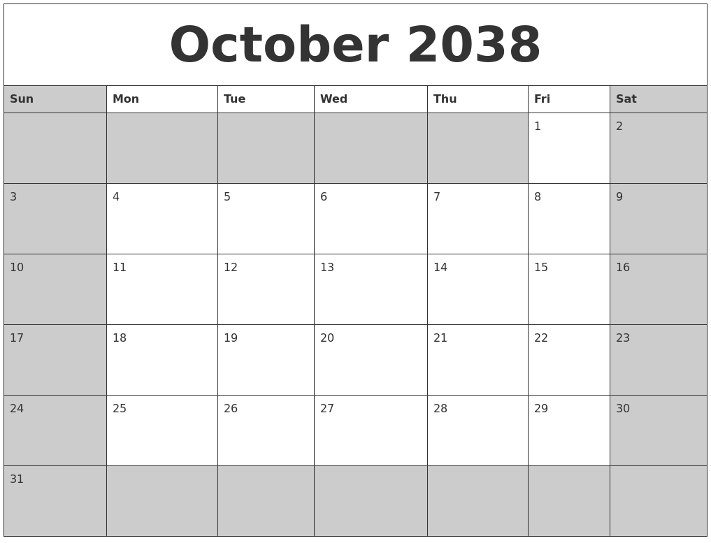October 2038 Calanders