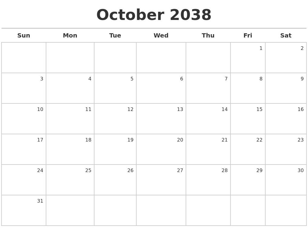 October 2038 Calendar Maker