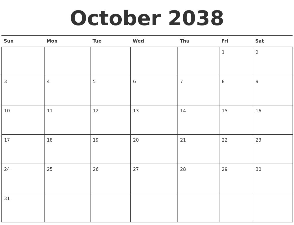 October 2038 Calendar Printable