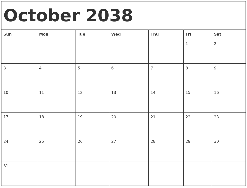October 2038 Calendar Template