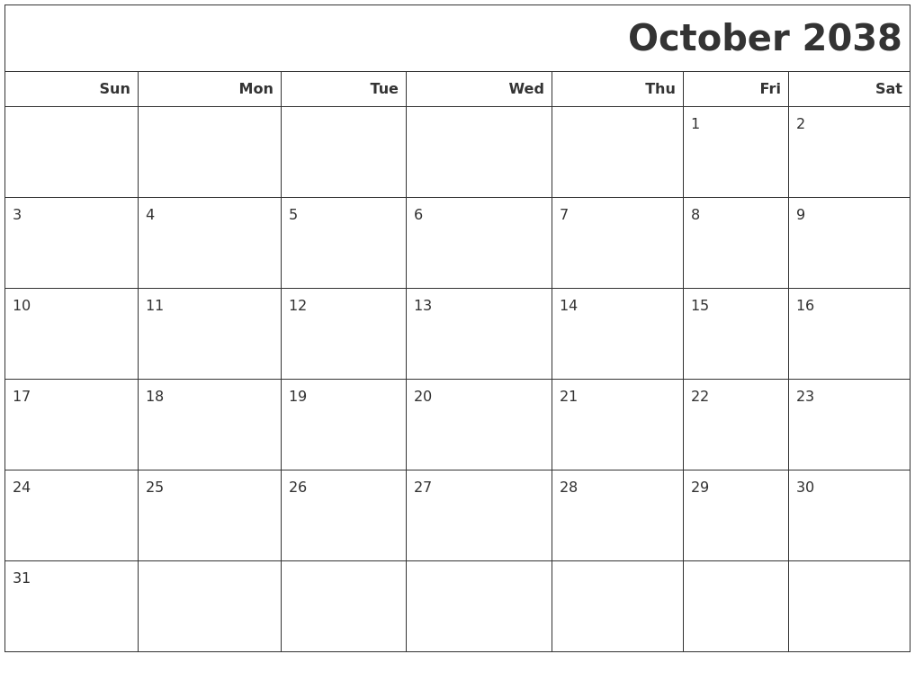 October 2038 Calendars To Print