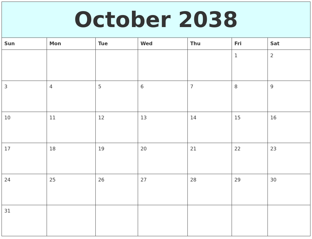 October 2038 Free Calendar