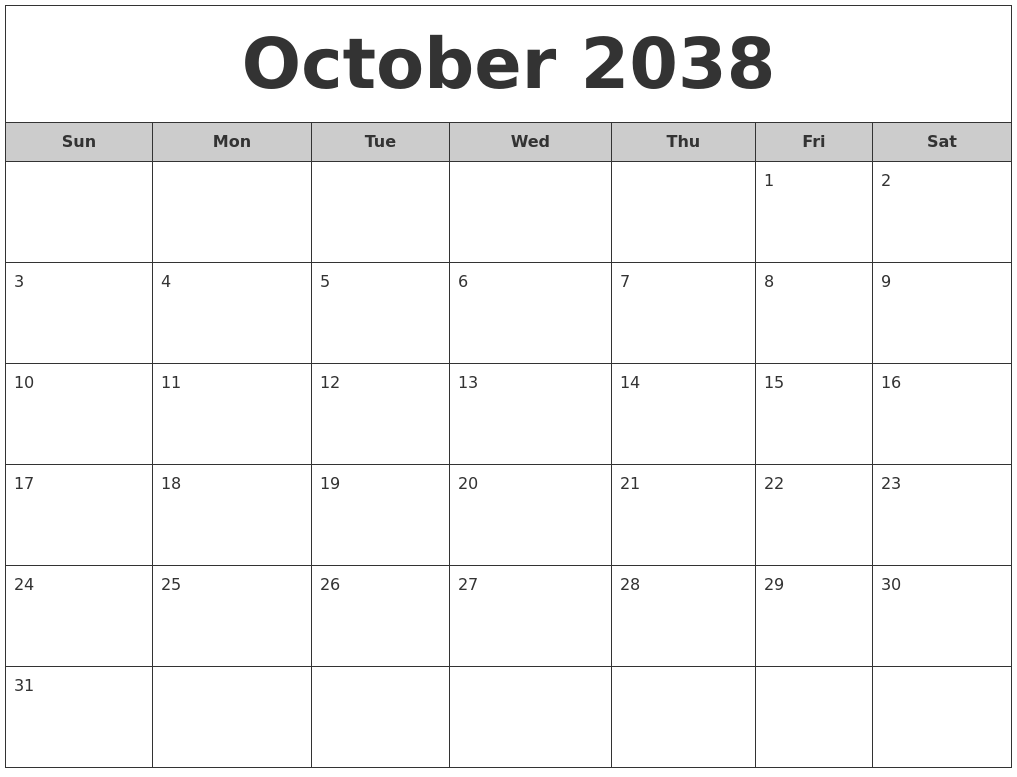 October 2038 Free Monthly Calendar
