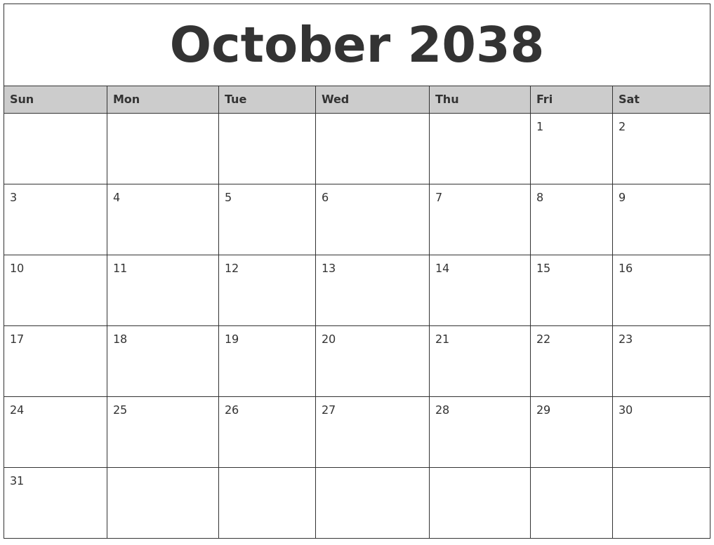 October 2038 Monthly Calendar Printable