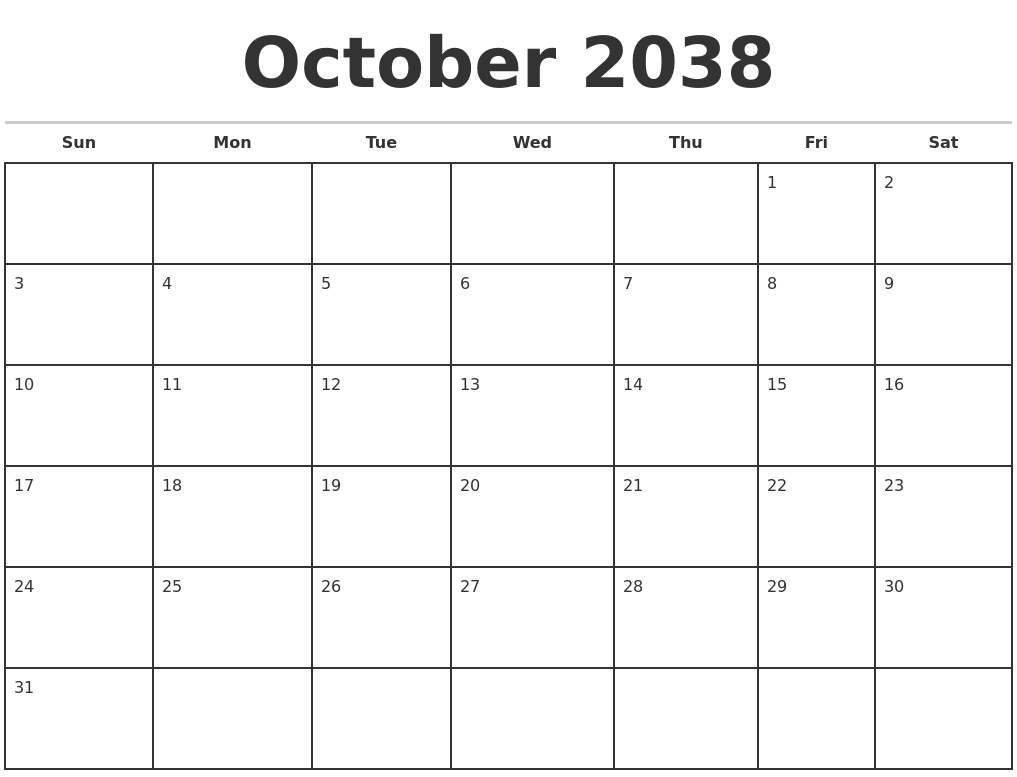 October 2038 Monthly Calendar Template