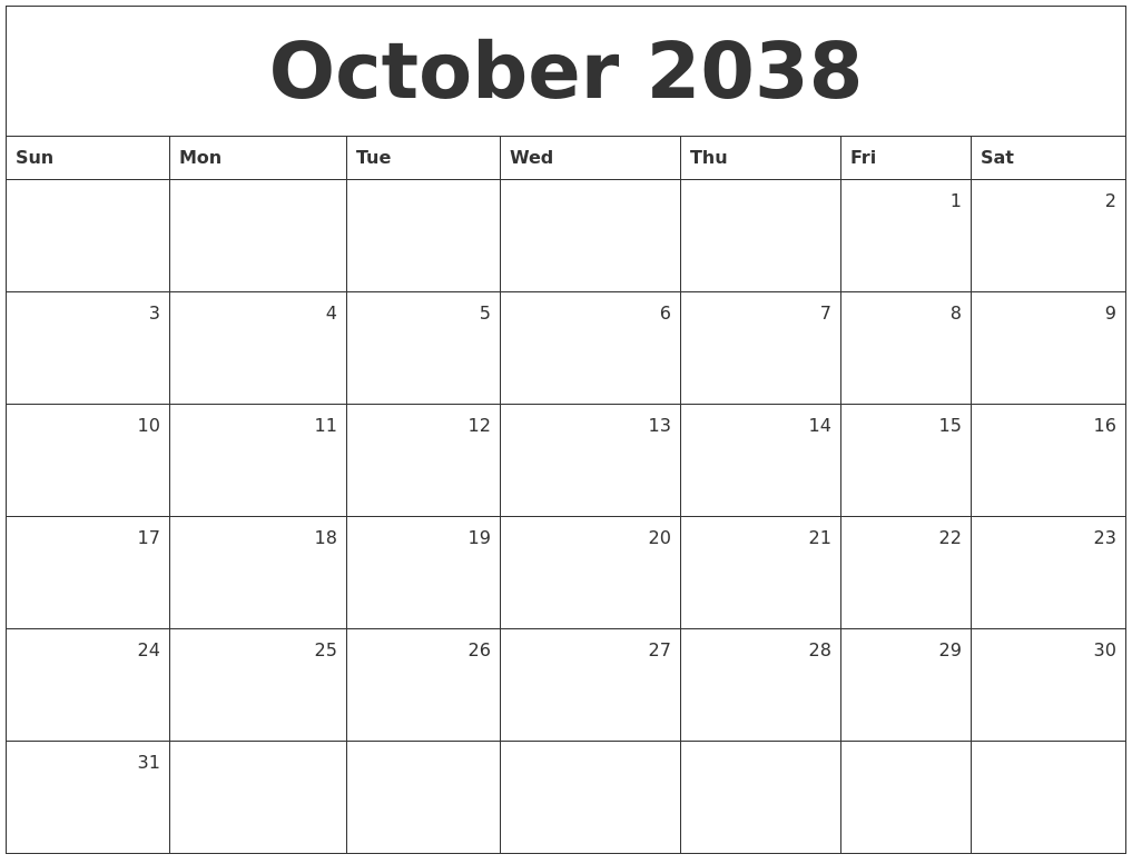 October 2038 Monthly Calendar