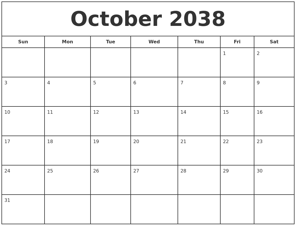 October 2038 Print Free Calendar