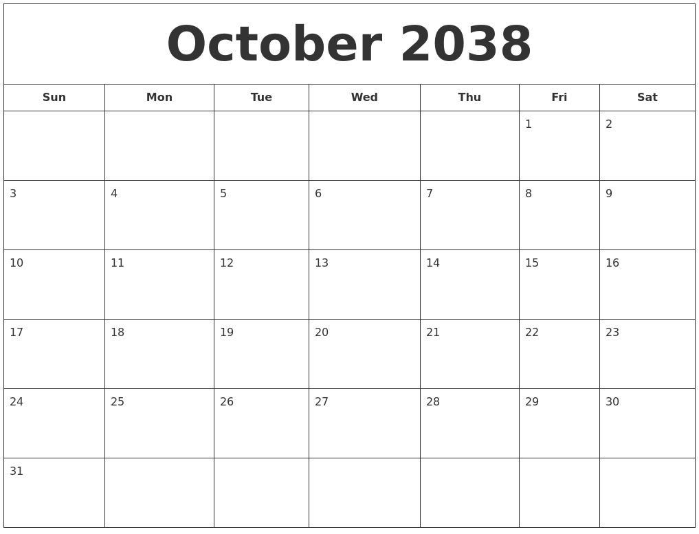 October 2038 Printable Calendar