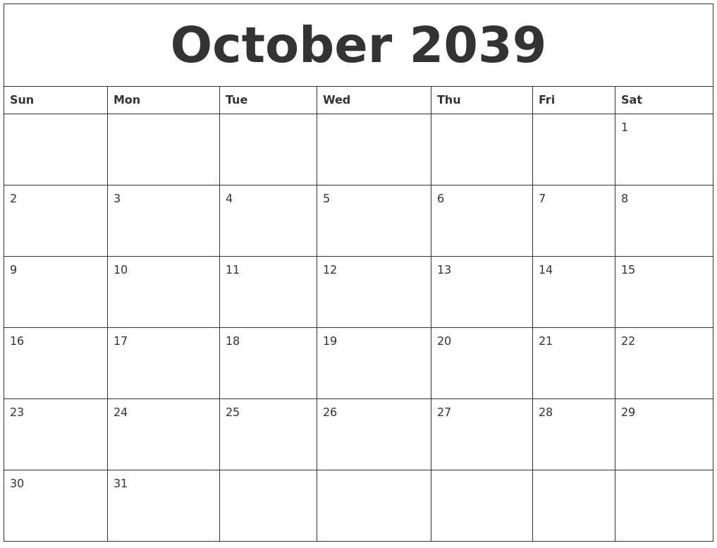 October 2039 Birthday Calendar Template