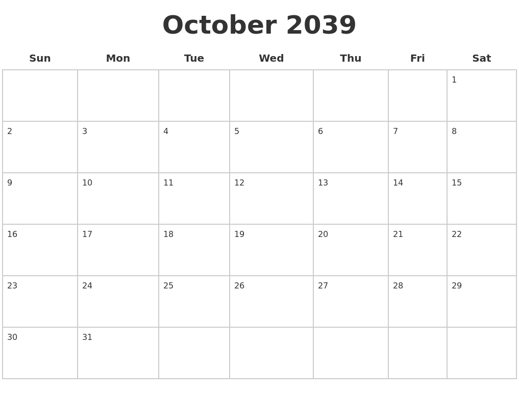 October 2039 Blank Calendar Pages