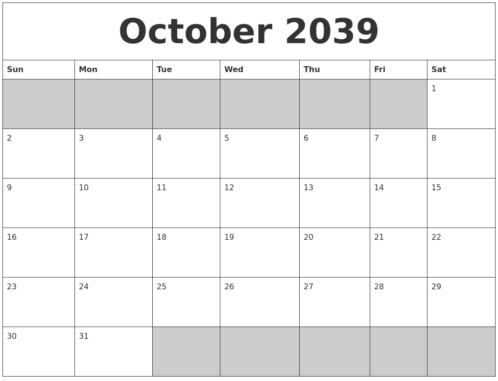 October 2039 Blank Printable Calendar