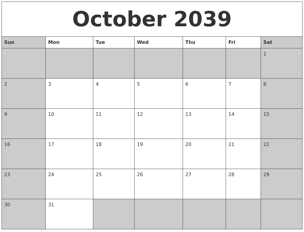 October 2039 Calanders