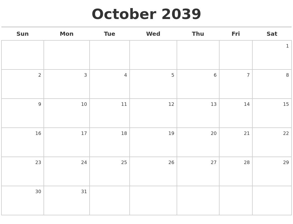 October 2039 Calendar Maker