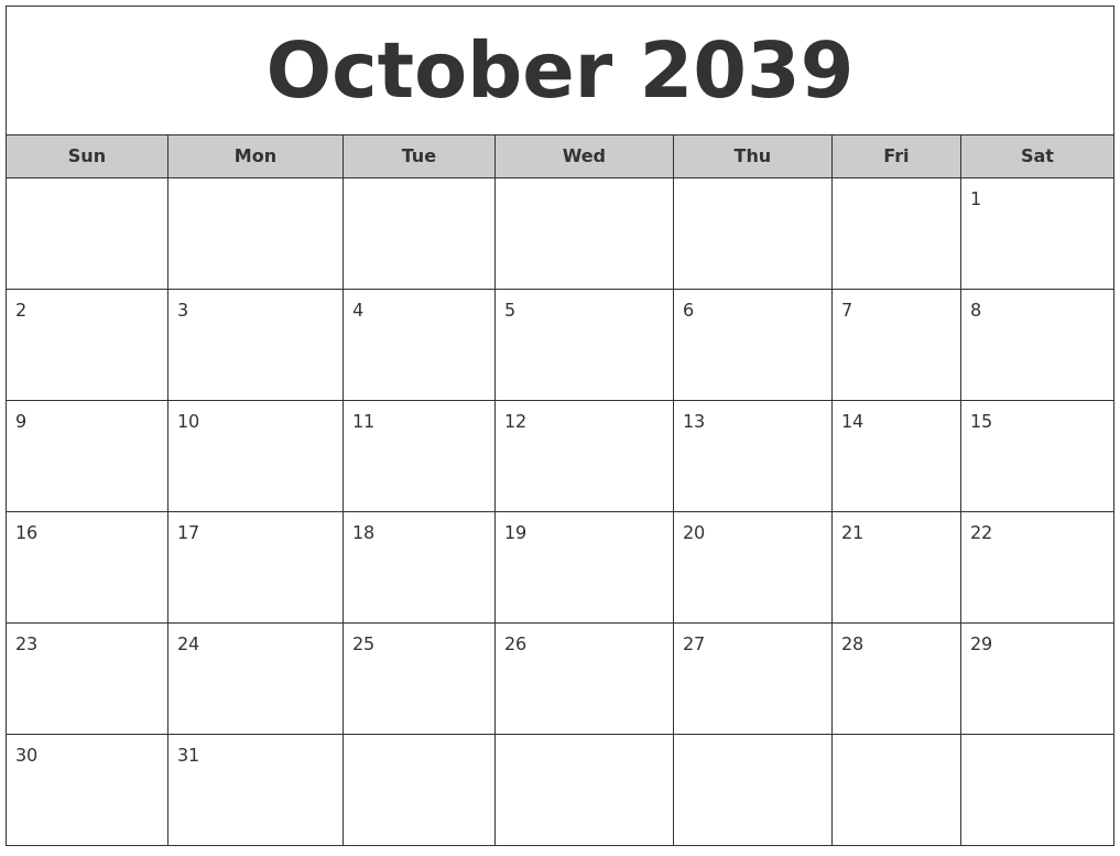 October 2039 Free Monthly Calendar