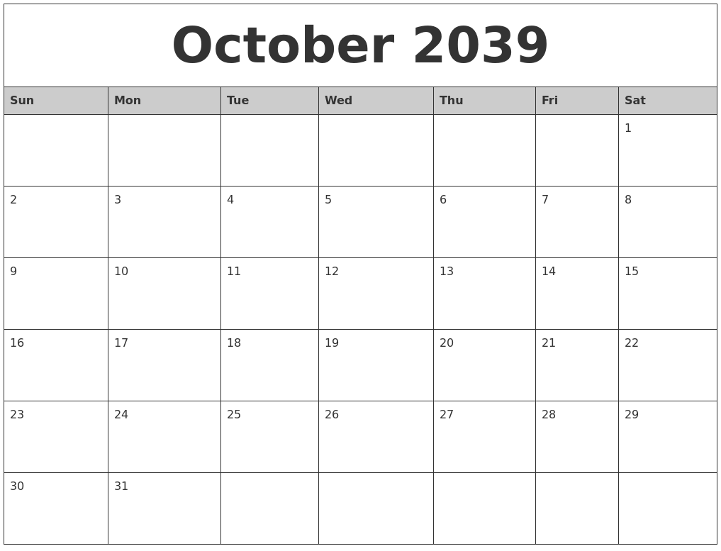 October 2039 Monthly Calendar Printable