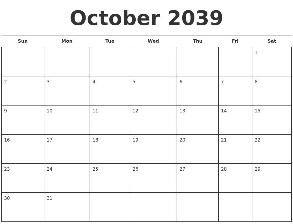 October 2039 Monthly Calendar Template