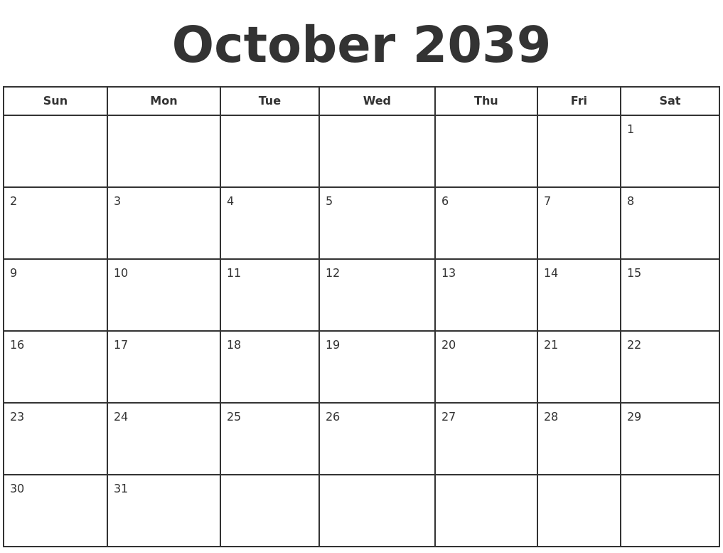 October 2039 Print A Calendar
