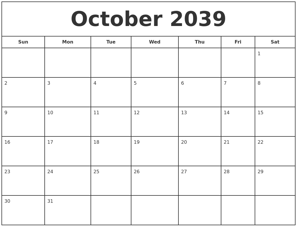 October 2039 Print Free Calendar
