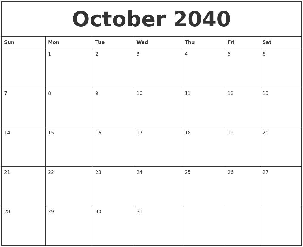 October 2040 Calendar Monthly