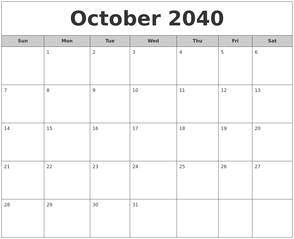 October 2040 Free Monthly Calendar