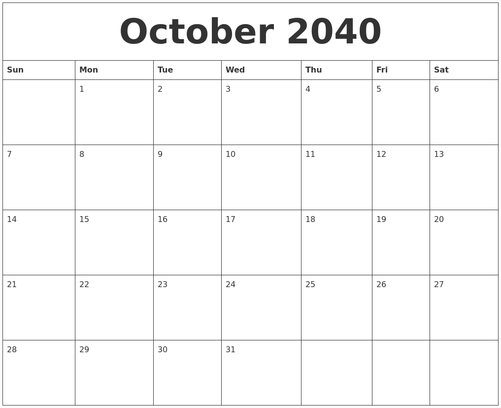 October 2040 Free Printable Calendar Templates