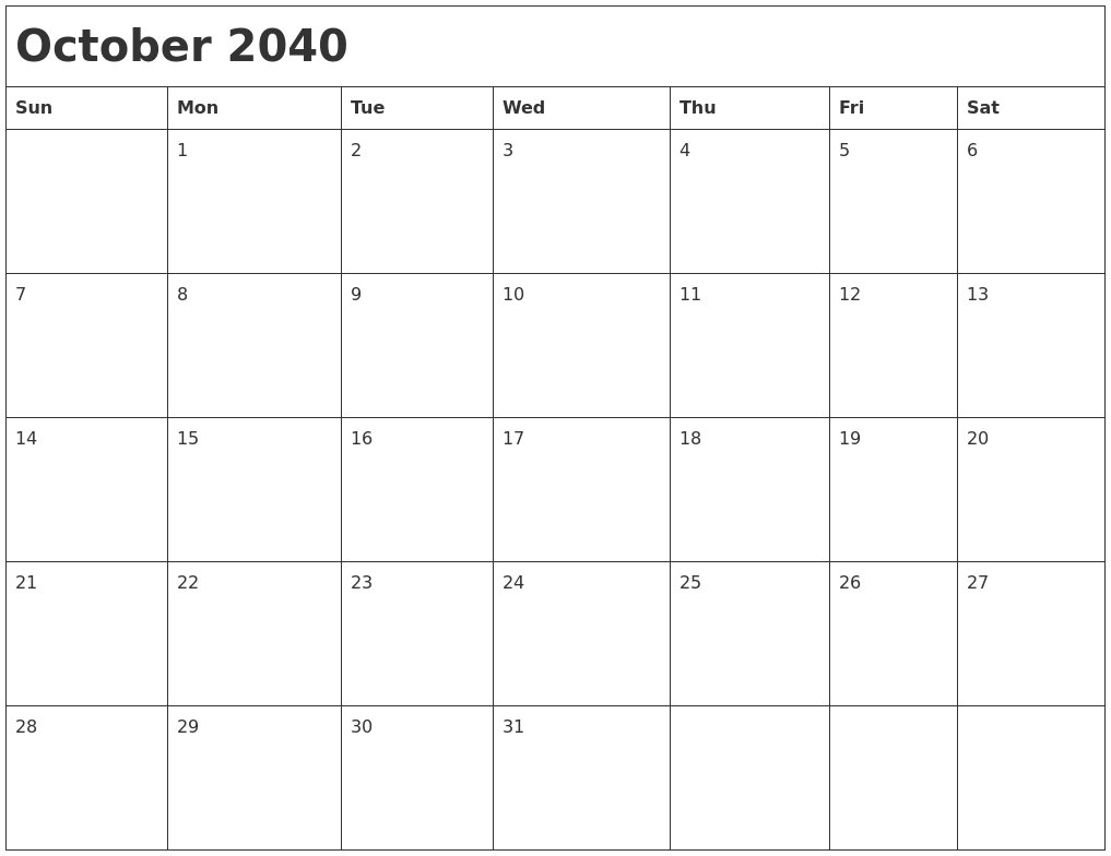 October 2040 Month Calendar