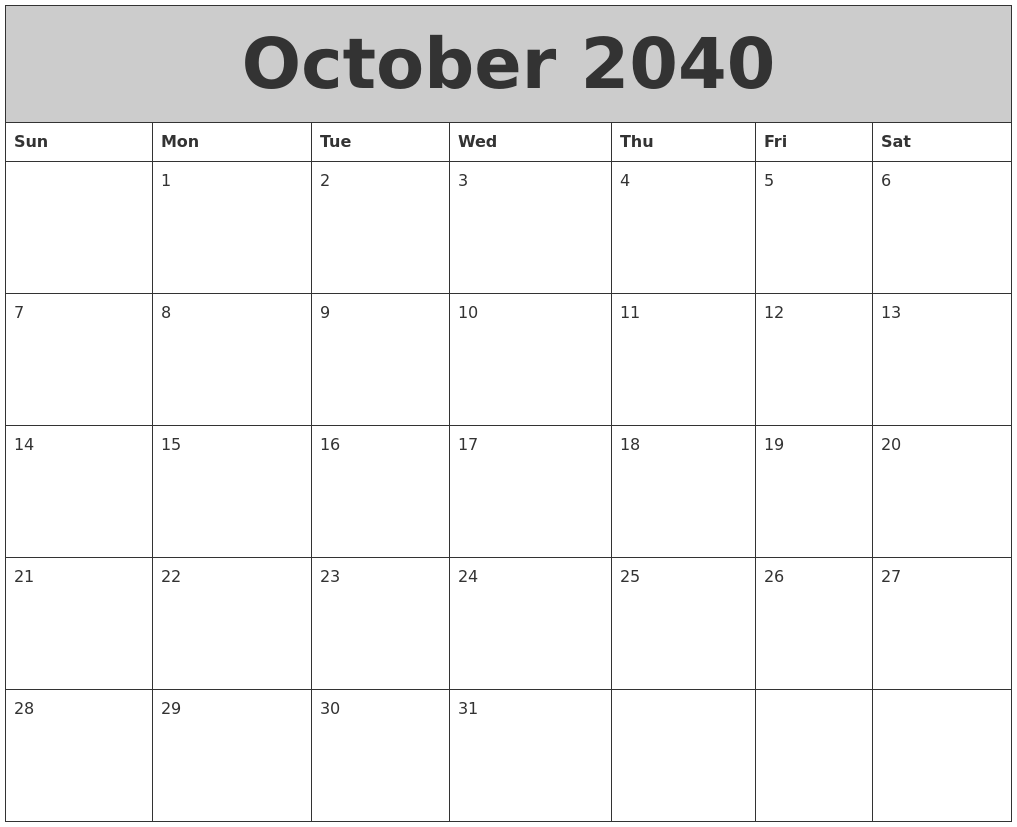 October 2040 My Calendar