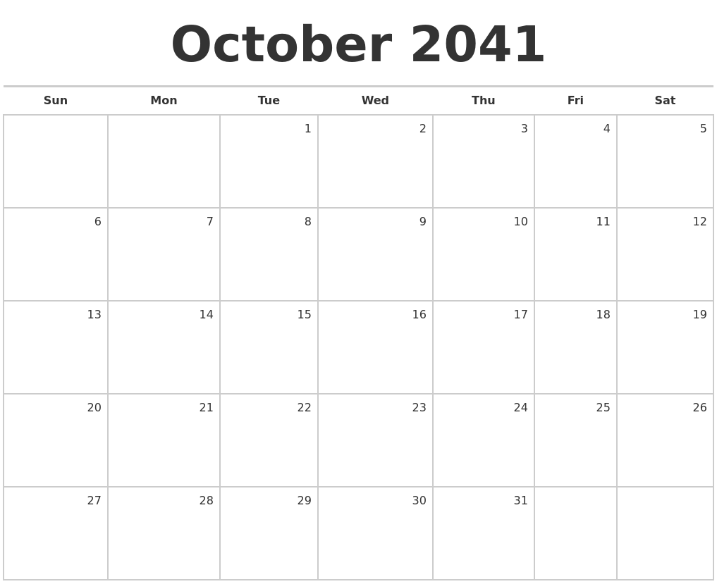 October 2041 Blank Monthly Calendar